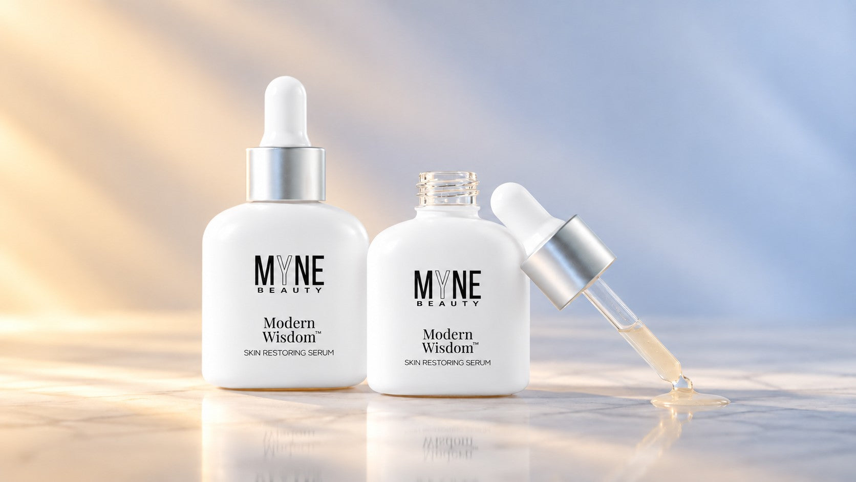 Modern Wisdom serum bottles and dropper in warm natural light, t4