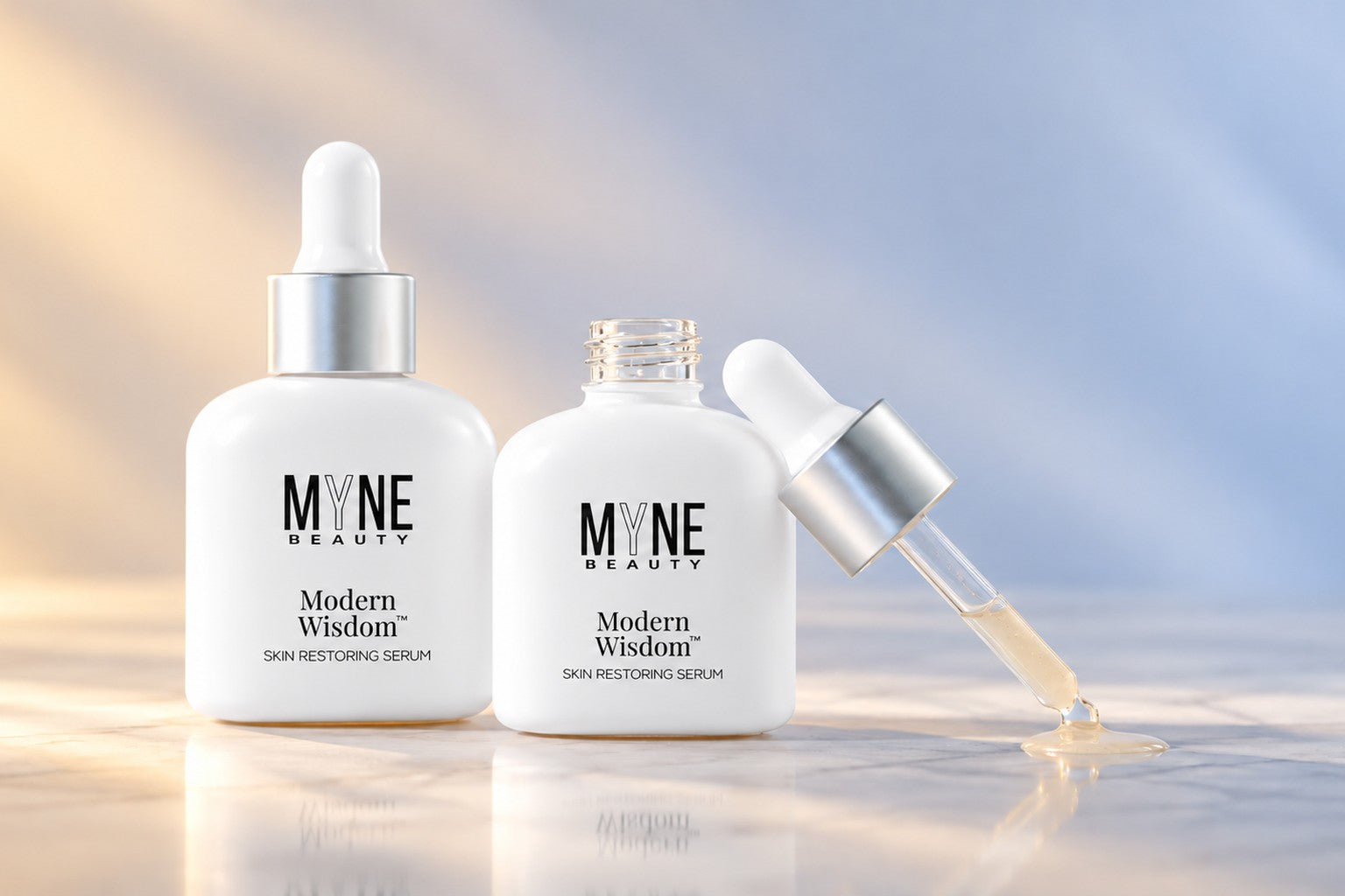 Modern Wisdom serum in the blue and yellow MYNE studio world, t4