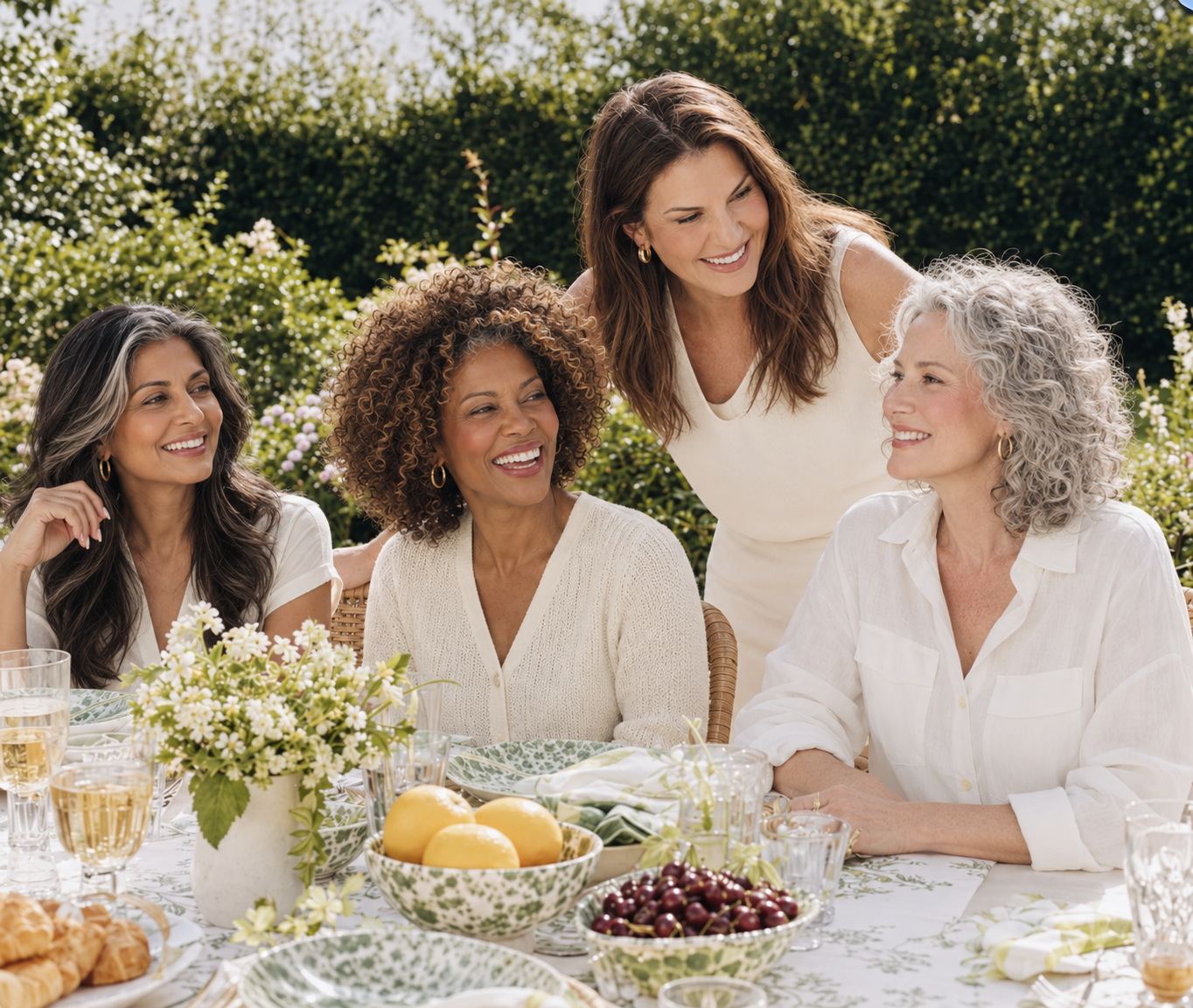 Four women laughing together at a garden table, t6