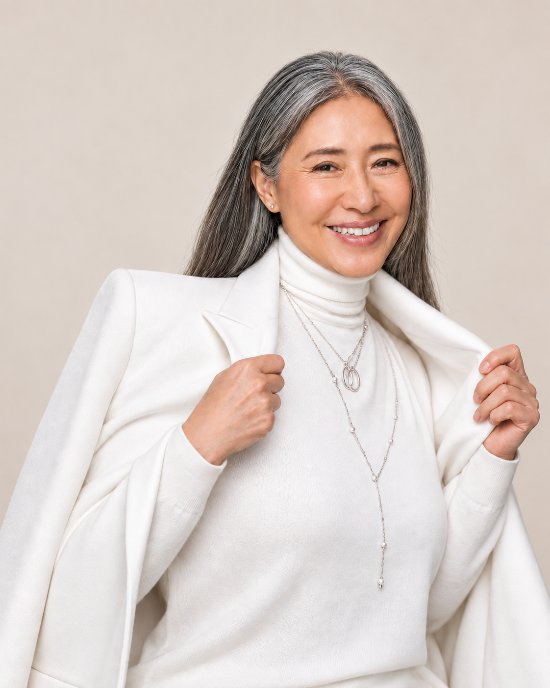Woman in a white suit in the MYNE studio world, t1
